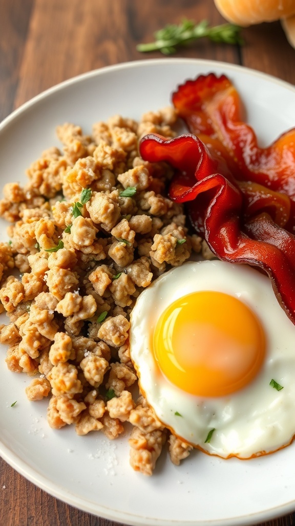 A serving of ground turkey with bacon and a fried egg on a rustic table.